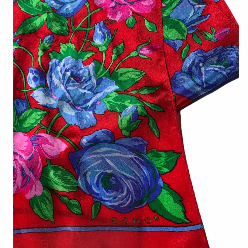 Vintage 100% Silk Red Floral Rose Scarf | ECHO